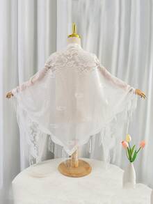 1 pieza Nuevo chal de encaje con flecos para mujer, pañuelo triangular de unicolor, ligero y transpirable, accesorio para vestido para boda, fiesta y dama de honor - Blanco - Ver 1