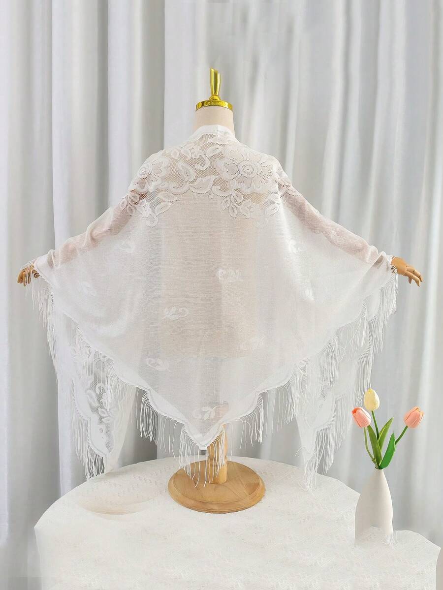 1 pieza Nuevo chal de encaje con flecos para mujer, pañuelo triangular de unicolor, ligero y transpirable, accesorio para vestido para boda, fiesta y dama de honor - Blanco - Ver 1