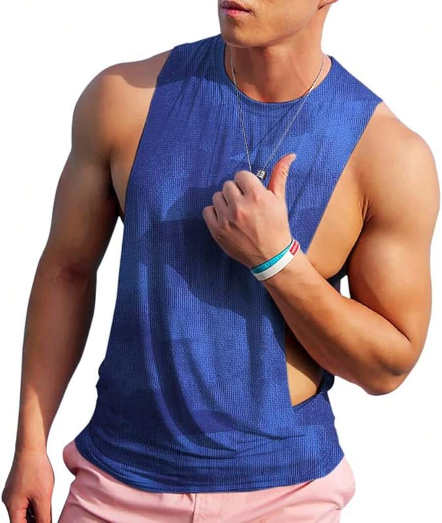 Men's Sleeveless Muscle Stringer Tank Top Cut Open Gym Training Bodybuilding Vest Shirts-2025 - 藍色 - 查看 1