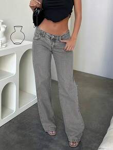 New Popular European And American Street Style Simple Daily Commuting Casual Low-Waist Straight Women's Jeans - Light Grey - View 1