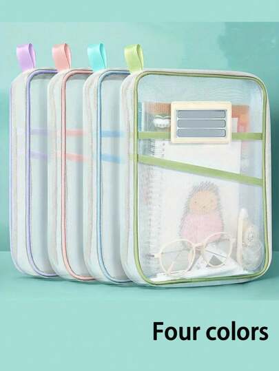 1pc A4 Dual Layer Nylon Mesh Subject Bag, File Folder, Document Organizer Bag For Exams, Study (Green Color May Have Slight Variation, 3 Different Green Shades Will Be Randomly Sent, The Color Of The File Folder Label Frame Is Also Random, Please Note For Consumers)