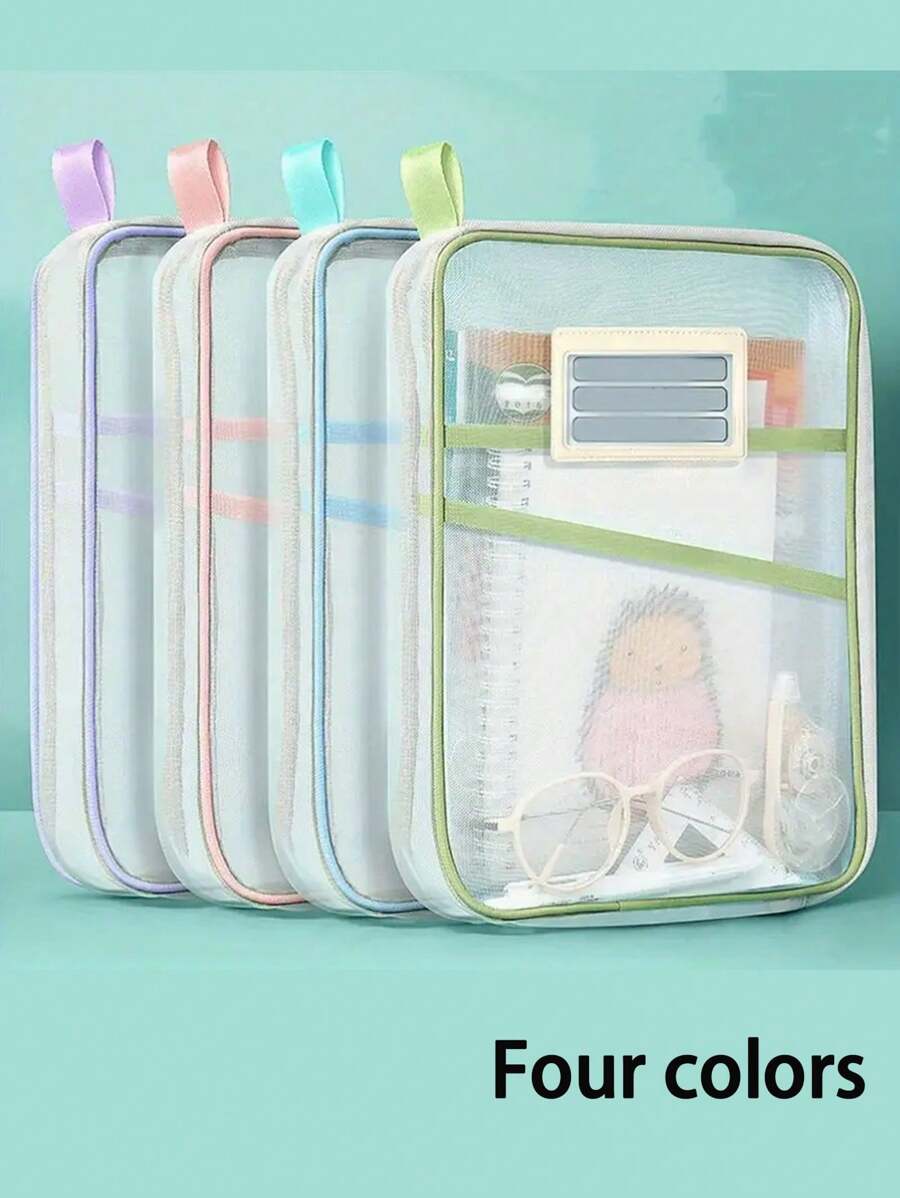 1pc A4 Dual Layer Nylon Mesh Subject Bag, File Folder, Document Organizer Bag For Exams, Study (Green Color May Have Slight Variation, 3 Different Green Shades Will Be Randomly Sent, The Color Of The File Folder Label Frame Is Also Random, Please Note For Consumers)