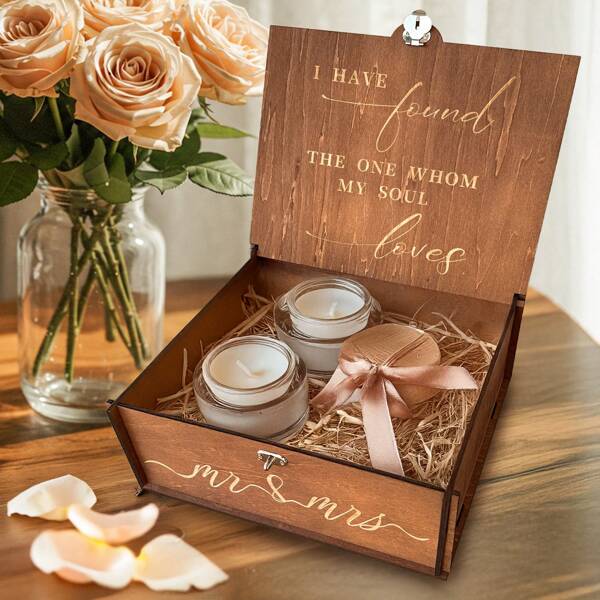 Wedding Keepsake Box With Lock, Large Wooden Memory Box For Keepsakes, Wood Decorative Photo Storage Boxes With Lids, Mr And Mrs Personalized Anniversary Engagement Gifts For Couples