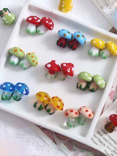2/5/10pcs Mushroom Glass Beads For Bracelet Making Hand-Painted Mushroom Glass Beads DIY Jewelry Pendant Earrings Accessories