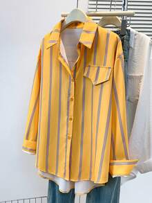 Women's Striped Color Block Button Asymmetric Hem Long Sleeve Shirt Blouse - Day To Night Versatile Top,Fall Clothes For Women - Yellow - View 8