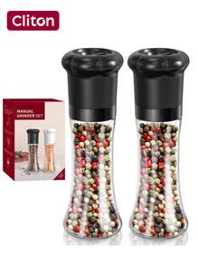 CLITON 1/2 件手动胡椒研磨器 – 节日礼物首选，厨房必备！非常适合节日、乔迁贺礼或烹饪爱好者的馈赠。配备大容量玻璃研磨盒、防尘设计，加长研磨带，研磨更舒适。适用于黑胡椒、白胡椒、海盐、玫瑰盐等 – 实用、时尚、贴心