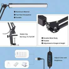 LED Desk Lamp For Home,Office,Reading,Adjustable Eye-Caring Desk Light With Clamp,Swing Arm Lamp Includes 3 Color Modes,10 Brightness Levels Table Lamps With Memory Function - màu đen - Xem 4
