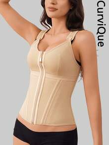 Áo nịt bụng định hình CurviQue 1 chiếc dành cho nữ, áo định hình thể thao kiểm soát bụng dành cho nữ tập gym sau sinh có khóa kéo và móc, dây đai có thể điều chỉnh, kèm áo ngực - Màu be - Xem 5