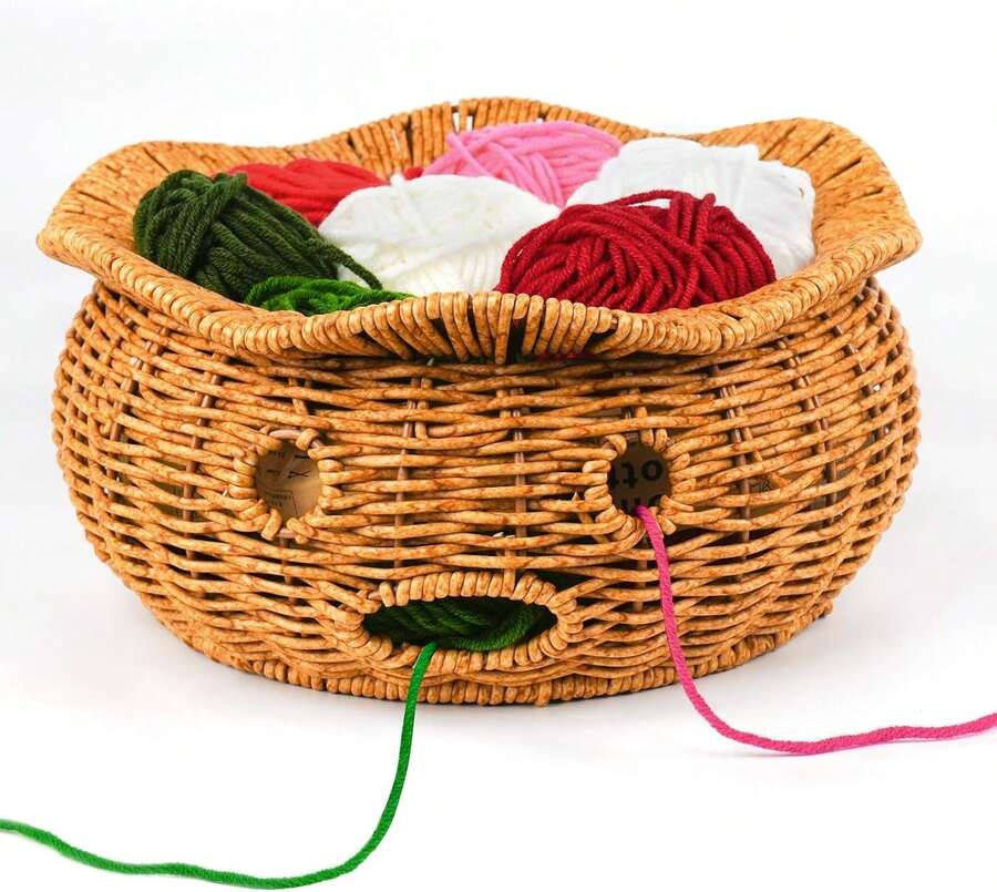 Rattan Yarn Bowl, Handmade Crochet Yarn Bowl With 6 Holes Knitting Bowl To Prevent Yarn Slipping Crochet Gifts For Crocheters Multi-Purpose Storage Basket 9.44″ X 4.33″,9002254 - Light Grey - View 1