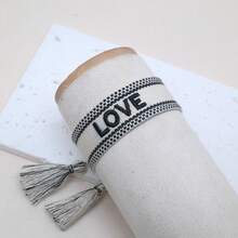 1 pieza Pulsera casual de estilo vacacional bohemio Adjustable con bordado creativo, hecha a mano, adecuada para amigos, familia, parejas, regalos festivos, fiesta, viaje, uso diario, cordón de bendición - Blanco y Negro - Ver 2