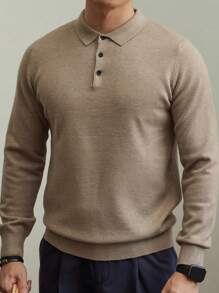 Maglione polo a maniche lunghe in maglia tinta unita da uomo, adatto per l'autunno/inverno