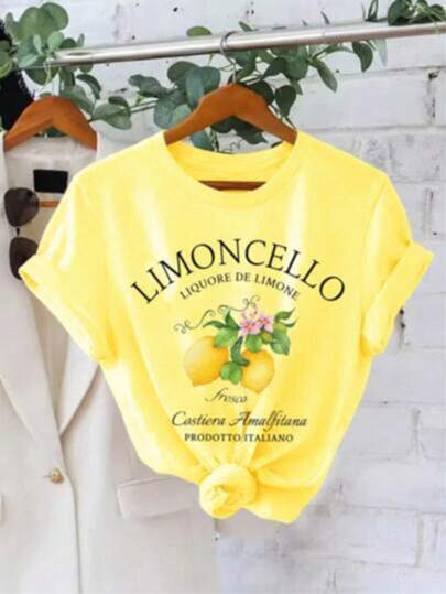 Playera básica mujer dama cuello redondo manga corta estampado GRAFICO DE FRUTA FRUIT GRAPHIC LIMON LEMON LIMONCELLO casual algodón comodidad estilo moderno Textura Suave Fortiz