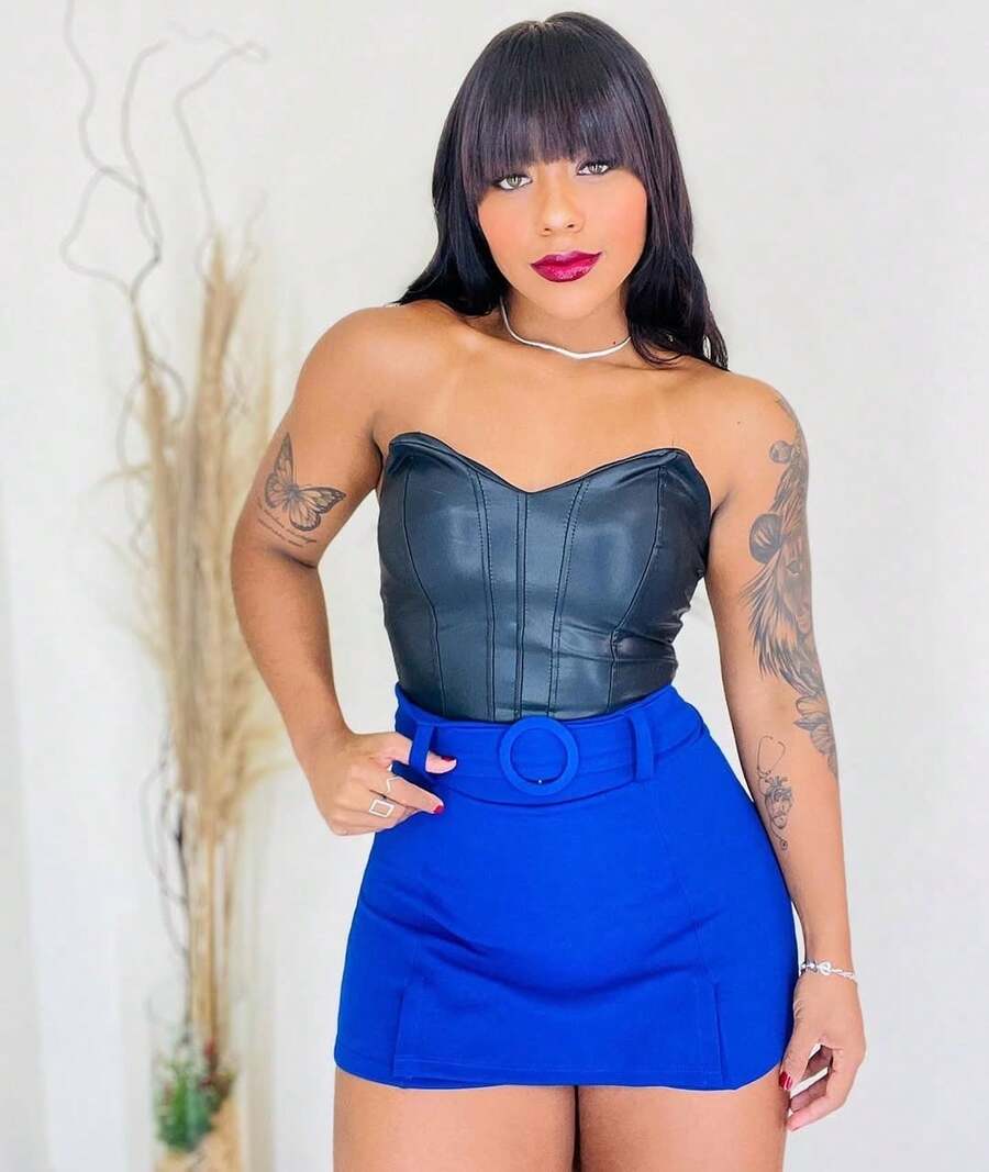 Women's Short Skirt With Lined Belt, Side Slit, High Waist, Short Crepe Knit - Blue Bic - View 1
