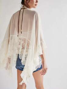 Women's Y2k Summer Sheer Poncho Tops Solid Color Batwing Sleeve Loose Fit T-Shirts Blouses Fairy Grunge Oversized V Neck Lace See Through Flowy Tops - 白色 - 查看 3