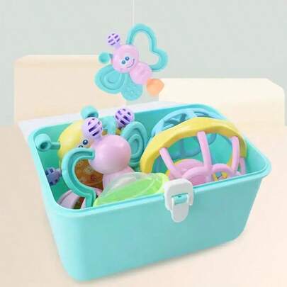 Set de sonajero y juguete para bebé - Hecho de material PP, caja de regalo para bebés de colores mixtos, Set con campanas y anillos de peluche - Adecuado para recién nacidos e infantes (algunos colores al azar)