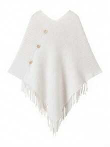 1pc Women Solid Color Button Tassel Knitted Poncho Shawl, Fashionable Casual Warm Wear For Vacation And Daily Use