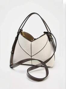 Women Two-Tone Design Mini Canvas Tote Bag, Fashion Shoulder Hand Bucket Bag - White - View 2