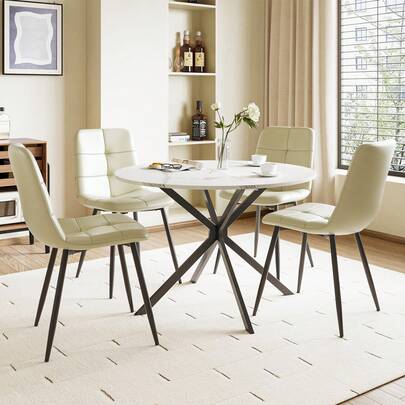 Dining Table And Chairs Set Of 4, White Folding Round Dining Table With 4 Beige PU Leather Chairs For Dining Room, Kitchen, Living Room