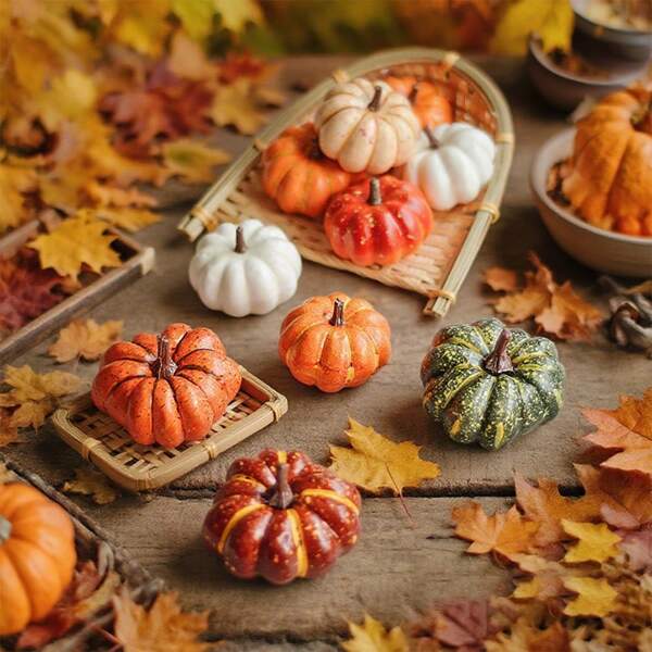 9 stuks kunstmatige pompoendecoratieset Herfstschuimpompoen met steel Details Landelijke stijl DIY-knutselwerkjes Perfect voor herfstdecoratie Halloween Geschikt voor boerderij Eettafelcentrum Bruiloft Feest Binnen en buiten Festival Thema-activiteiten Huisdecoratie