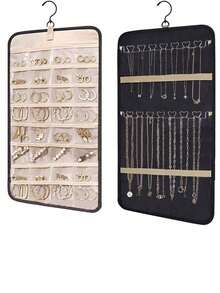 大容量珠宝收纳袋 - 双面壁挂式壁橱收纳，带挂钩，可挂耳环/项链/戒指 | 防尘优质涤纶门后收纳袋（黑色情人节礼物创意）适用于女士收纳袋旅行必需品返校宿舍收纳秋季装饰 - 黑色 - 查看 2