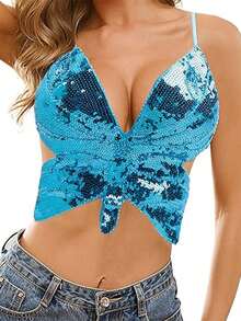 Women's Short Tops With Shiny Sequins Embellished Irregular Butterfly Look Sleeveless Camisole Vest - Màu xanh lam - Xem 4