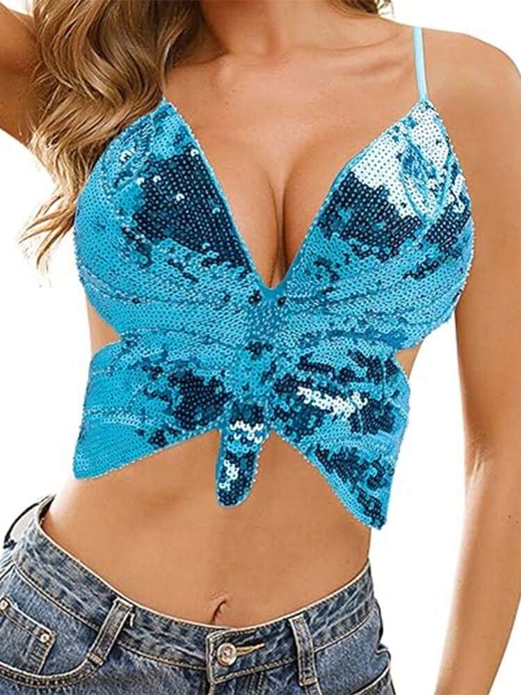 Women's Sequin Butterfly Hem Asymmetrical Crop Tops Soft Top For