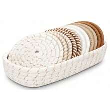 Posavasos redondos tejidos de 4/8 pulgadas, posavasos de tela absorbente, juego de posavasos tejidos a mano con bandeja, estilo bohemio, sin soporte - Multicolor - Ver 11