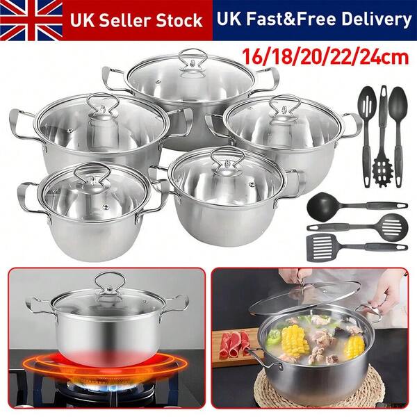 11 Piece Stainless Steel Cookware Saucepan Set Pan Pot Kitchen Cooking Glass Lid