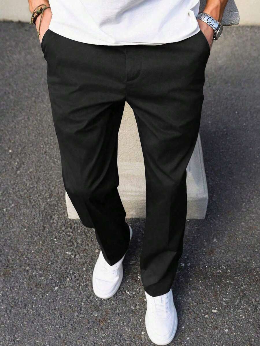 1 件青少年男童休闲宽松户外运动健身纯色直筒长裤，春/秋/冬 - 黑色 - 查看 1