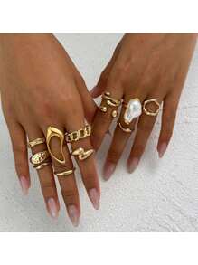 12 piezas Anillos de moda con perlas falsas de geometría suave y de gran tamaño, inspirados en el estilo vintage con tono dorado clásico para mujeres