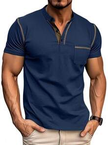 Henley Shirts Slim Fit Button T-Shirthalloween - 寶藍色 - 查看 1