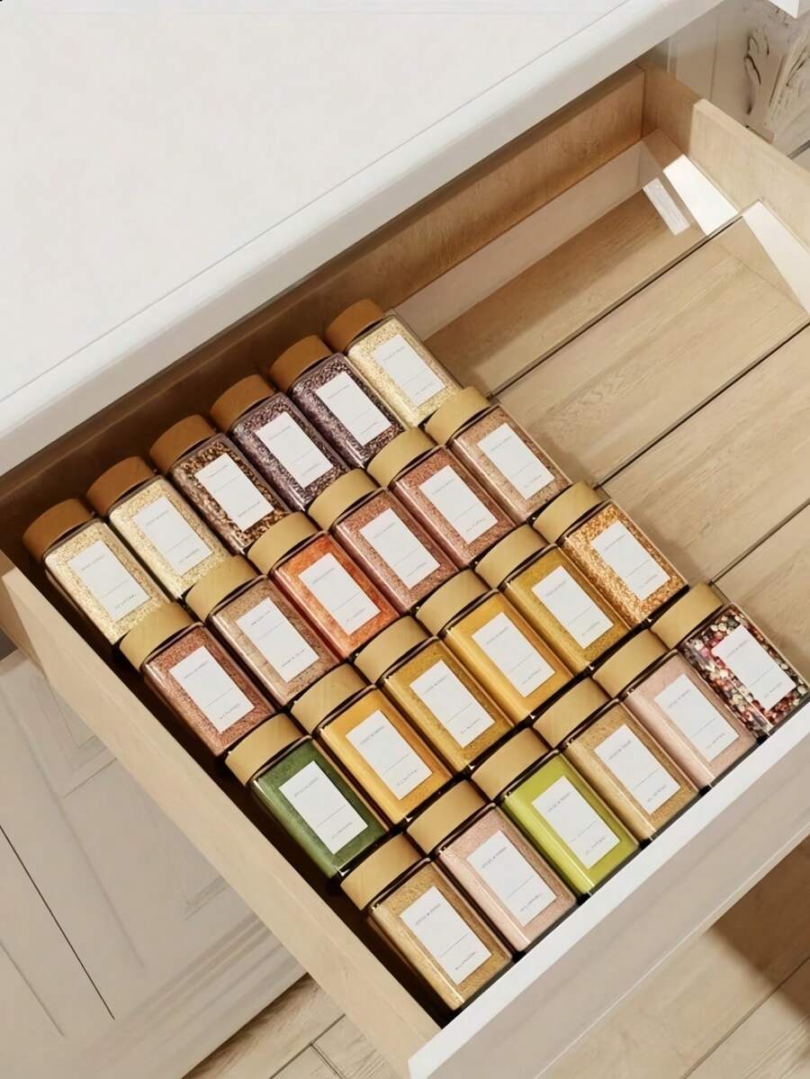 1/4 件多功能厨房抽屉式香料收纳架，节省空间的倾斜透明设计调味罐架，用于橱柜门/壁挂式存放香草和香料，坚固耐用，适用于厨房橱柜或台面、梳妆台橱柜收纳，非常适合厨房和浴室 - 無色 - 查看 1