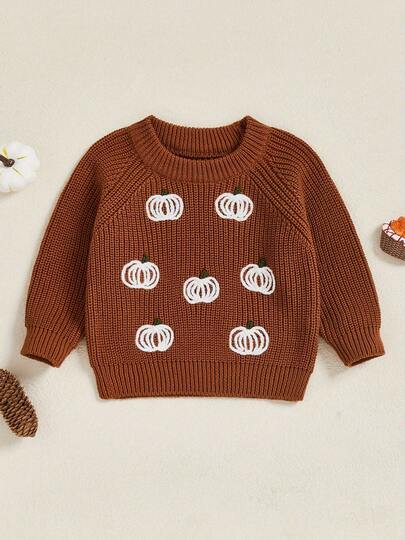 Kids Baby Halloween Sweater Casual Pumpkin Embroidery Round Neck Infant Pullover Knitwear For Toddler Warm Clothes