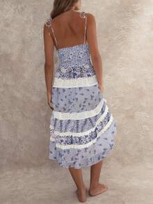 Women Tie Shoulder Boho Floral Maxi Dress Y2k Smocked Flowy Lace Sundress Y2k Spaghetti Strap Sleeveless Summer Long Beach Dress - 水鴨藍 - 查看 3