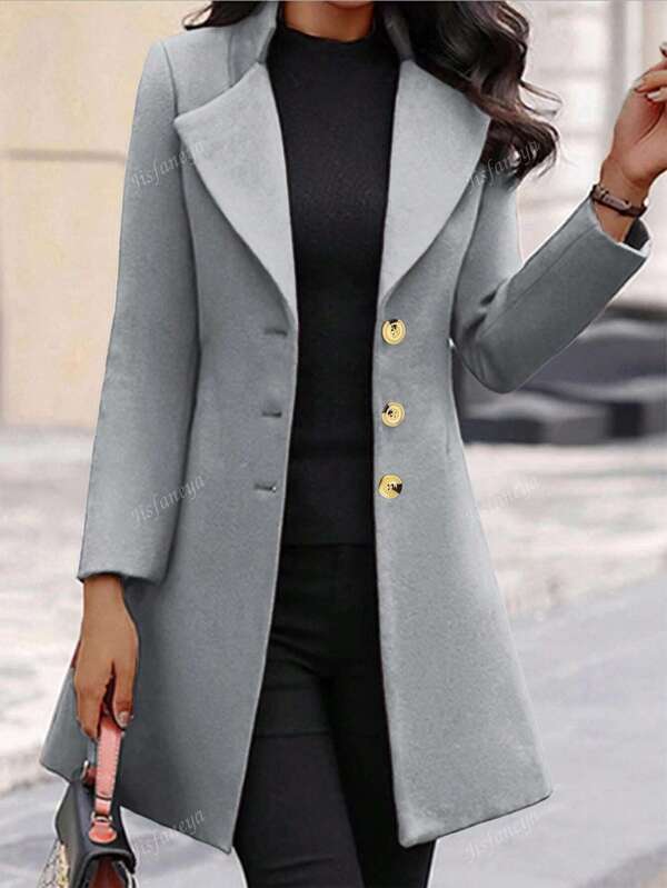 Solid Color Pocket Front Button Closure Warm Wool Blend Coat, Autumn/Winter