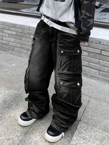 1 chiếc quần cargo denim dáng rộng nhiều túi kiểu Mỹ cổ điển dành cho nam, thiết kế đường phố, quần jeans ống rộng (Không bao gồm thắt lưng và phụ kiện) - màu đen - Xem 5