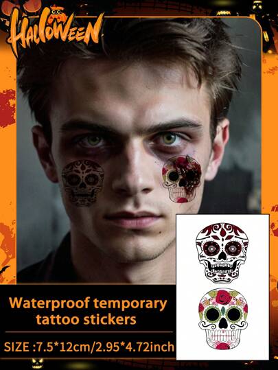 1Pc Halloween Tattoo Fake Tattoo Temporary Tattoo Skull Cartoon Colorful Waterproof Sweatproof Disposable For Women And Mem Face, Arm, Waist, Chest, Leg, Abdomen, Neck, Hand, Finger, Back For Dancing Party Stage Performance Modernist Body Art