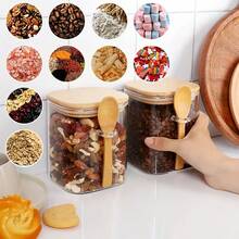 12 Piece Set Of Glass Jars, 4 Glass Jars, 4 Bamboo Lids, 4 Bamboo Spoons, High Borax Glass Jars, 27 Ounces Large Capacity Sealed Storage Jar With Natural Bamboo Spoon |   Storage For Tea, Salt, Sugar, Coffee, Moisture-Proof, Mold Proof, Transparent And Visible Kitchen Pantry Storage Artifact,  Friendly Bamboo Spoon, Dry Goods, Spices, Tea Leaves Can Be Stacked To Save Space - 透明玻璃罐 - 查看 5