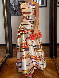 Valentine's Day, Date Night Outfit, Gifts For Her Magic Mia Elegant Boho Geometric Printed Maxi Dress - Boat Neck Sleeveless High Waist Sundress W/  Backless & A-Line Flared| Beach Vacation Formal & Evening Dress  For Women