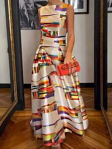 Valentine's Day, Date Night Outfit, Gifts For Her Magic Mia Elegant Boho Geometric Printed Maxi Dress - Boat Neck Sleeveless High Waist Sundress W/  Backless & A-Line Flared| Beach Vacation Formal & Evening Dress  For Women - Multicolor - View 2