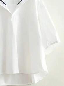 女式 V 领衬衫，撞色领，七分袖，高低下摆，半透明梭织面料衬衫 - 白色 - 查看 5