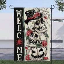1PC Welcome Decor Garden Flag With Skull And Spider Web Design Perfect For Halloween Garden Displays In Bright Daylight Create A Spooky Atmosphere With Roses Jack Lantern And Elegant Top Hat 11.81x17.72inch - 彩色 - 查看 6