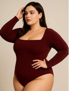 Women's Long Sleeve Bodysuit With Square Neckline, Basic, Casual, Chic, Elegant, Stylish, Spandex - 酒紅色 - 查看 2