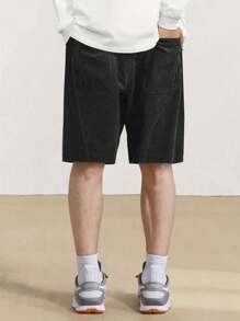 男士夏季休闲灯芯绒短裤，时尚松紧腰口袋沙滩装 - 黑色 - 查看 8