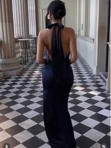 Basrey 新款优雅女士纯色系带腰褶皱露背鸡尾酒礼服，鱼尾长裙，适合婚礼、派对、约会等场合