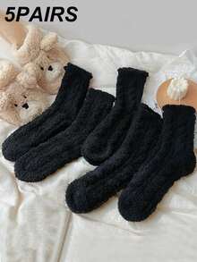 5 Pairs Solid Color Coral Fleece Casual Mid-Calf Socks For Women, Black & White, Autumn/Winter Christmas Gift