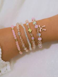 Bộ 5 chiếc/Bộ vòng tay hạt thủy tinh hình trái tim và nơ màu hồng thời trang dành cho nữ, phụ kiện trang sức ngọt ngào - Hồng - Xem 2
