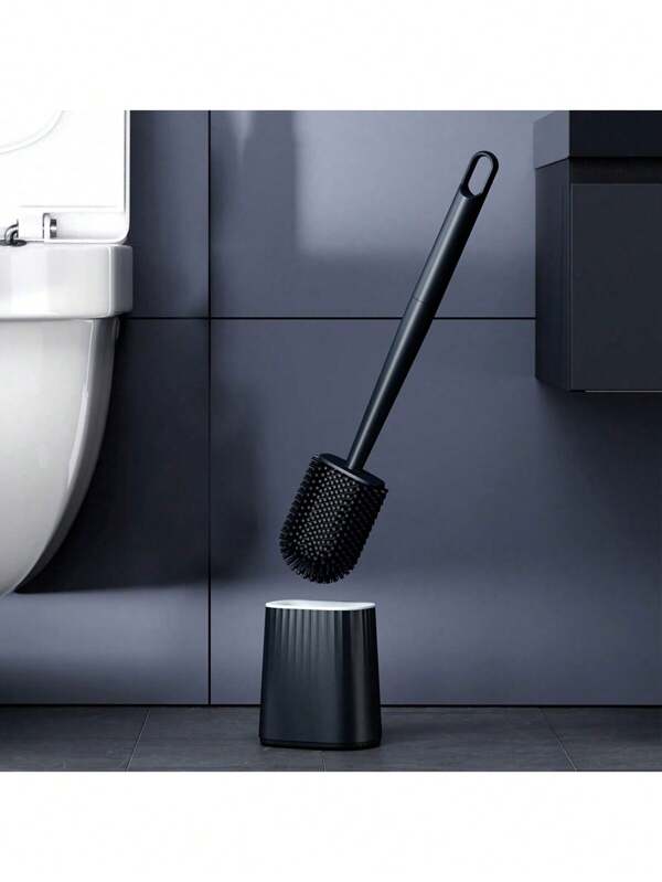Escova de limpeza doméstica de silicone preta, 1 peça, com cabo longo, removível, respirável, cabeça plana, cerdas macias, secagem rápida, PP