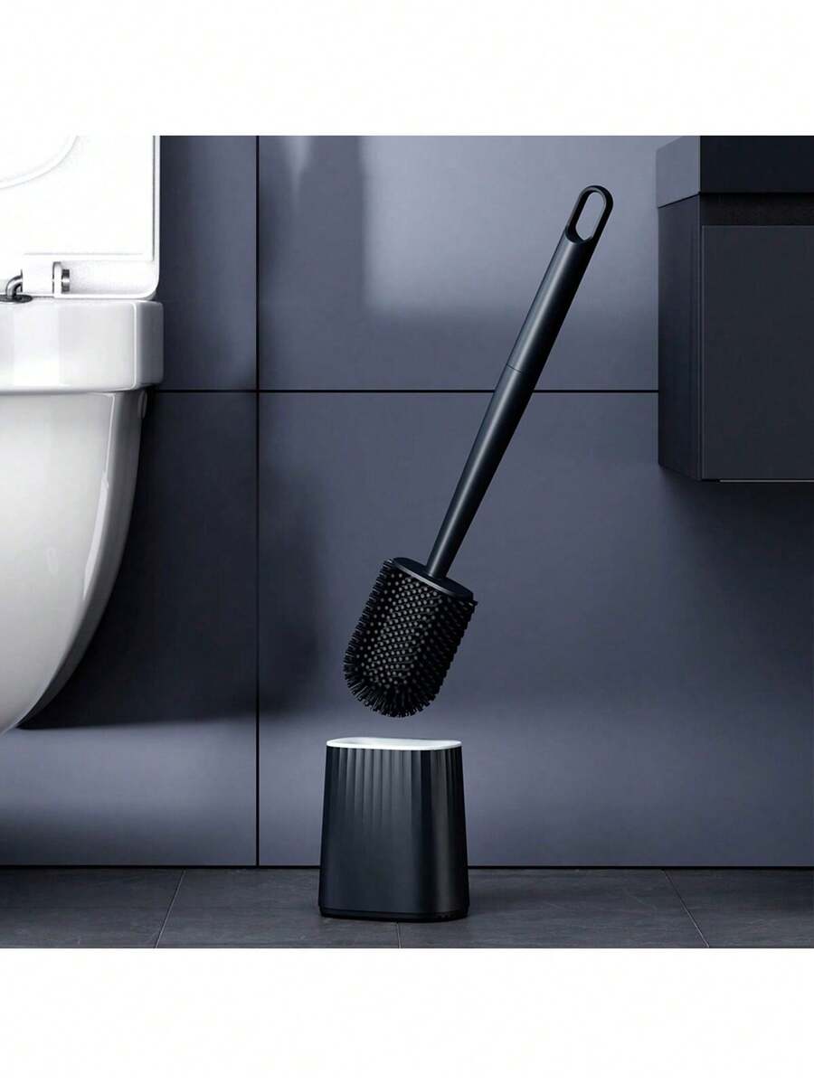 Escova de limpeza doméstica de silicone preta, 1 peça, com cabo longo, removível, respirável, cabeça plana, cerdas macias, secagem rápida, PP