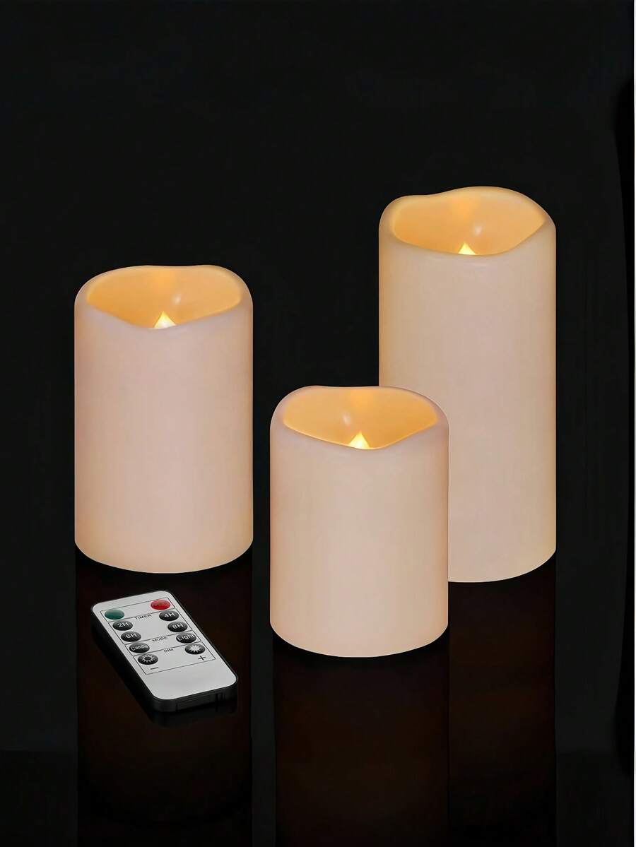 3 Pack Flameless LED Pillar Candles With Remote Control Timer Battery Powered Warm Light Adjustable Light Indoor Outdoor Home Pool Decor - 暖白光 - 查看 1